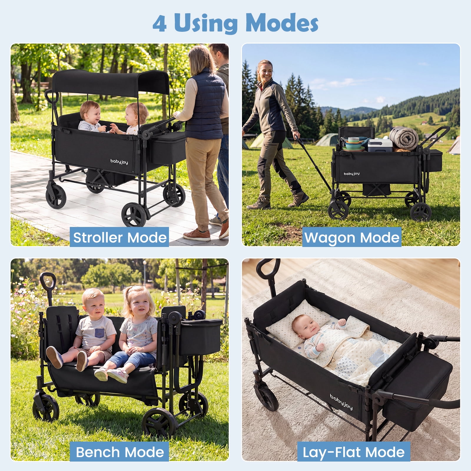 Babyjoy Foldable Wagon Stroller ,Baby Stroller with Removable Canopy,Adjustable Handle Black