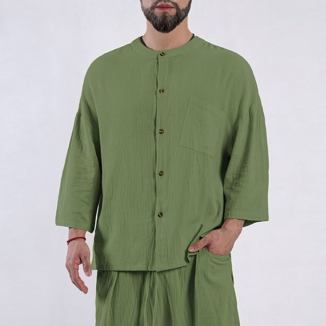 AherBiu Chemises en Lin pour Hommes Manches Longues Col Rond Boutonné Chemise Ample Décontractée T-Shirts de Plage