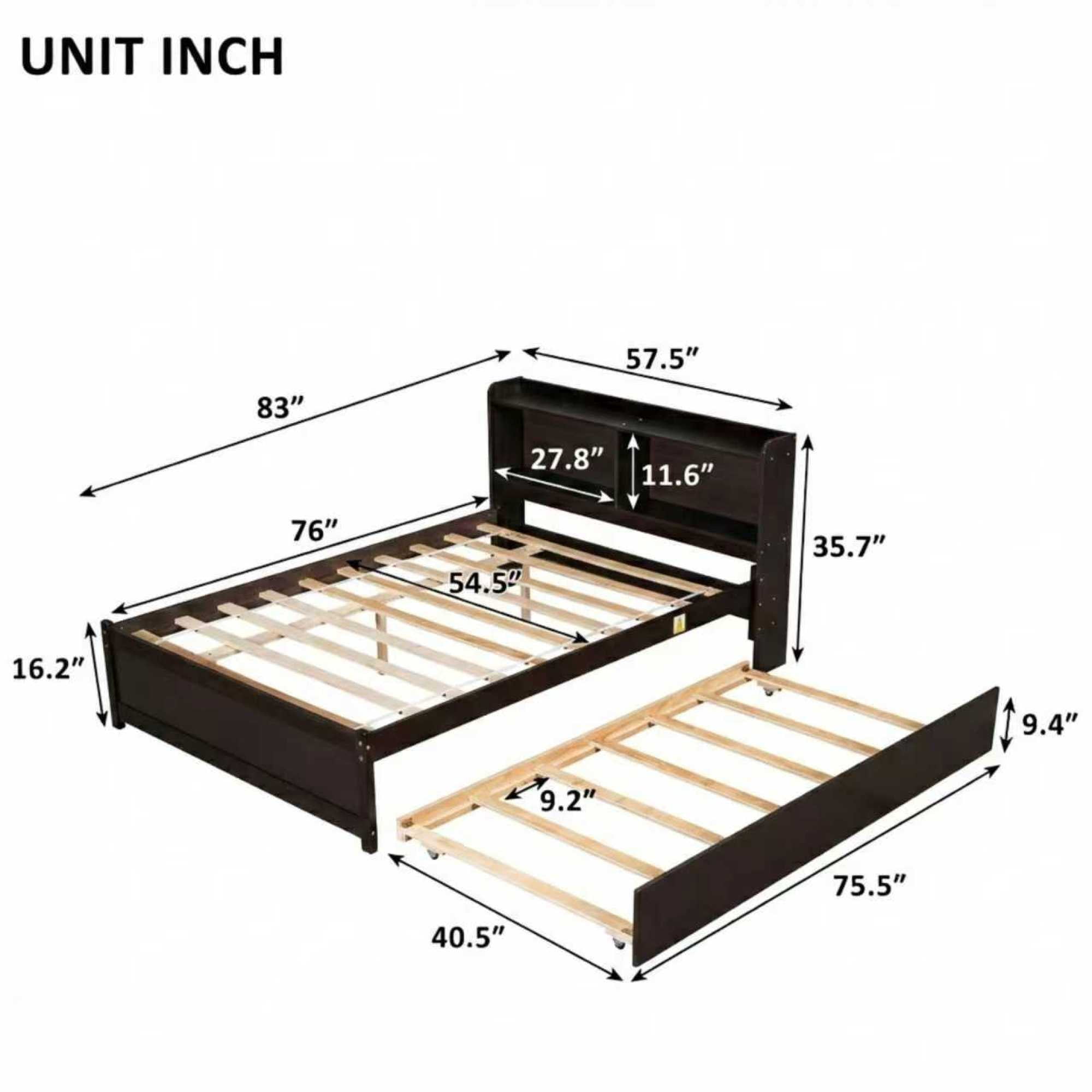 Leumius Full Size Bed with Trundle and Bookcase Headboard for Boys Girls Espresso