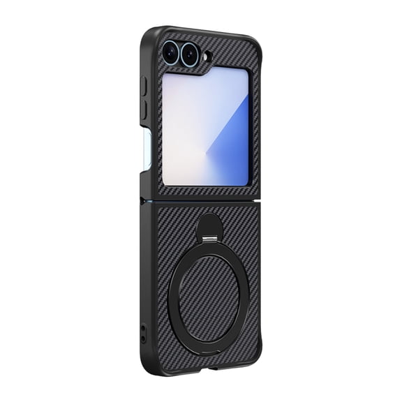 Magnetic Case for Samsung Galaxy Z Flip 6, All-Inclusive Hinge Protection Carbon Fiber Texture Case with 360 Rotating Metal Ring Bracket Phone Cover for Samsung Galaxy Z Flip 6, Black