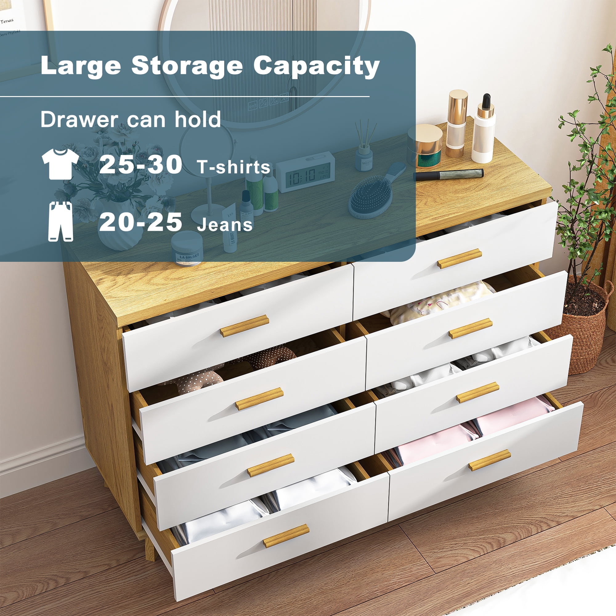 Finihen 8 Drawers Chest of Dressers, Wood Double Dresser Storage Cabinet with Handle Table Leg for Bedroom, Living Room and Hallway, Beige Finihen 8 Drawers Chest of Dressers, Wood Double Dresser Storage Cabinet with Handle Table Leg for Bedroom, Living Room and Hallway, Beige