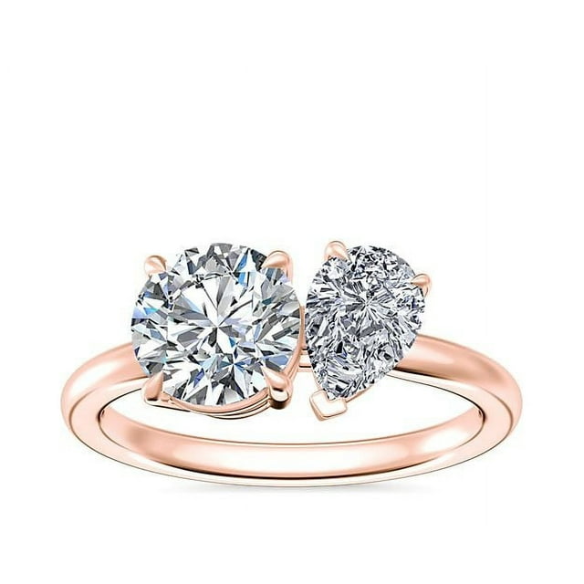 1.00 Carat Excellent Round & Pear Cut Real Diamond Latest Design Two Stone Ring for Ladies Solid 14K Rose Gold Size 7.5