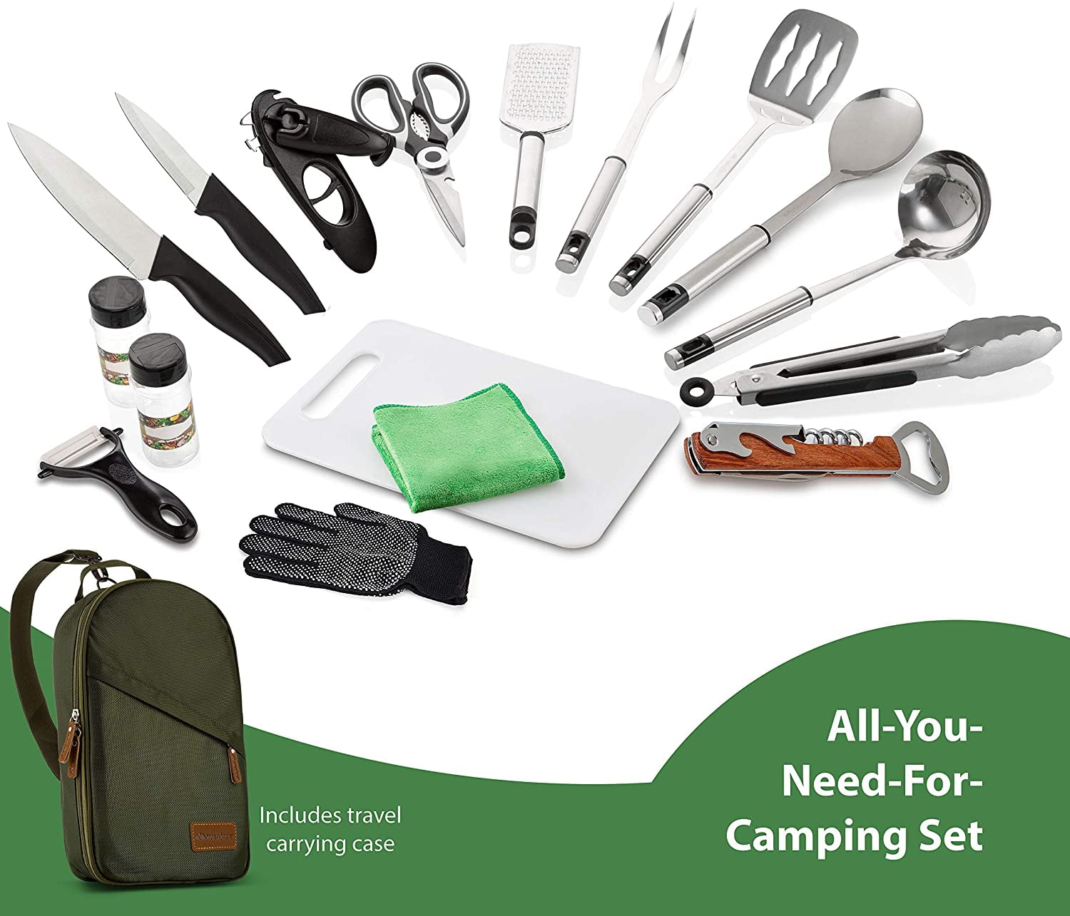 Parties BBQs Potlucks and More Camping Oaoleer Camping Cookware Camp Kitchen Utensil，16-Piece Stainless Steel Outdoor Cooking and Grilling Utensil Organizer Travel Set Perfect for Travel
