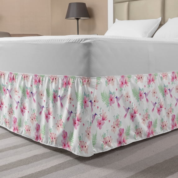 Floral Bed Skirt, Flappy Hummingbirds Flying over Delicate Tropical Hibiscus and Magnolia Flowers, Elastic Bedskirt Dust Ruffle Wrap Around for Bedding Decor, 4 Sizes, Multicolor, by Ambesonne
