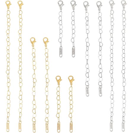 12Pcs Brass Heart Link Chain Extender with 304 Stainless Steel Lobster Claw Clasps Brass Necklace Bracelet Anklet Extension Chains
