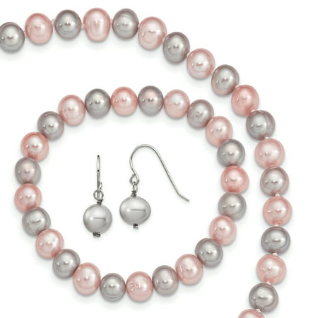 - 925 Sterling Silver Pink/grey 8mm Freshwater Cultured Potato Pearl 3 Piece Gift Set Necklace Pendant Charm Bracelet Drop Dangle