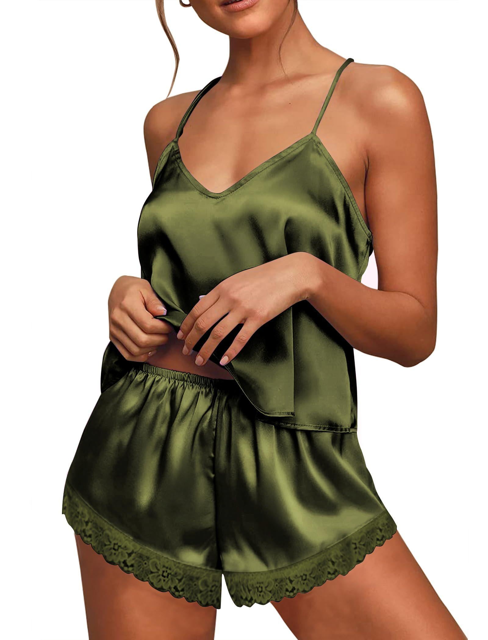 Ekouaer Satin Pajamas Women Lace Sleepwear Lingerie Cami Shorts Set Nightwear