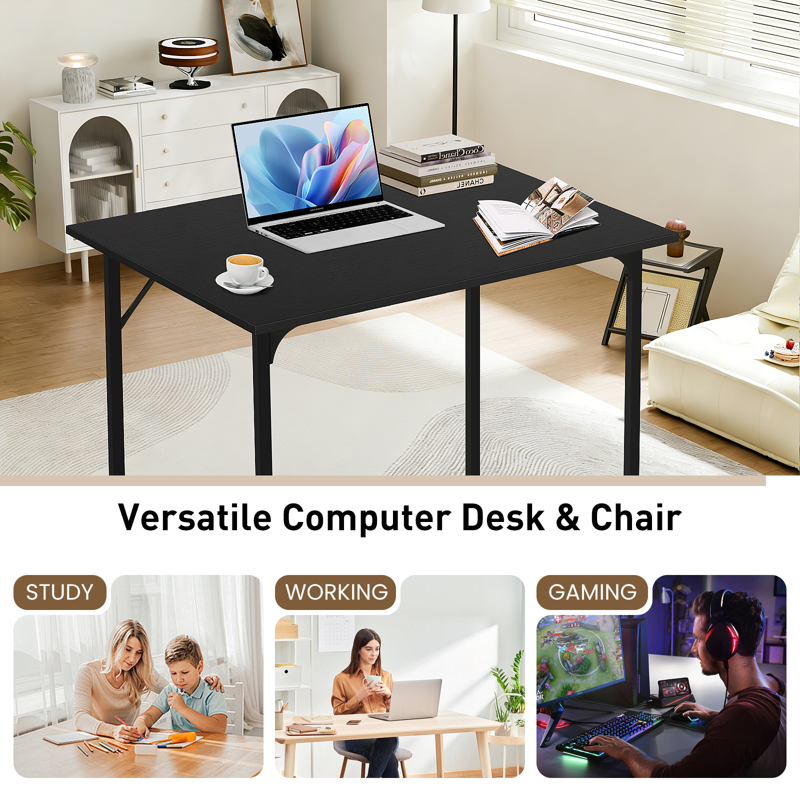 Dkelincs 32 inch Computer Desk and Chair Set Home Office Modern Wood Study Desk & Mesh Ergonomic Height Adjustable Office Chair for Small Spaces, Black & Black