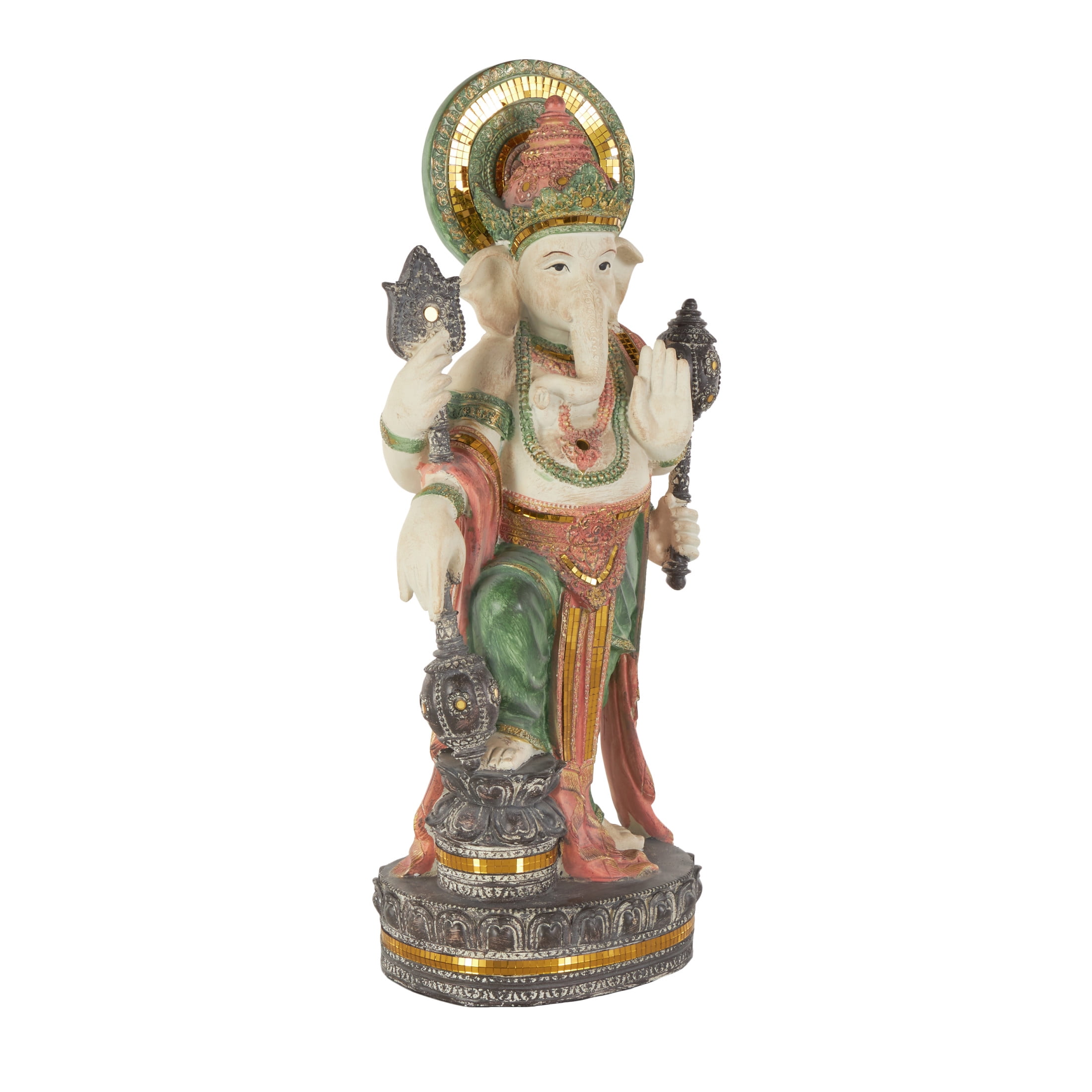 12" x 27" Gold Resin Ganesh Sculpture with Green, Blue, and Red Accents, by DecMode