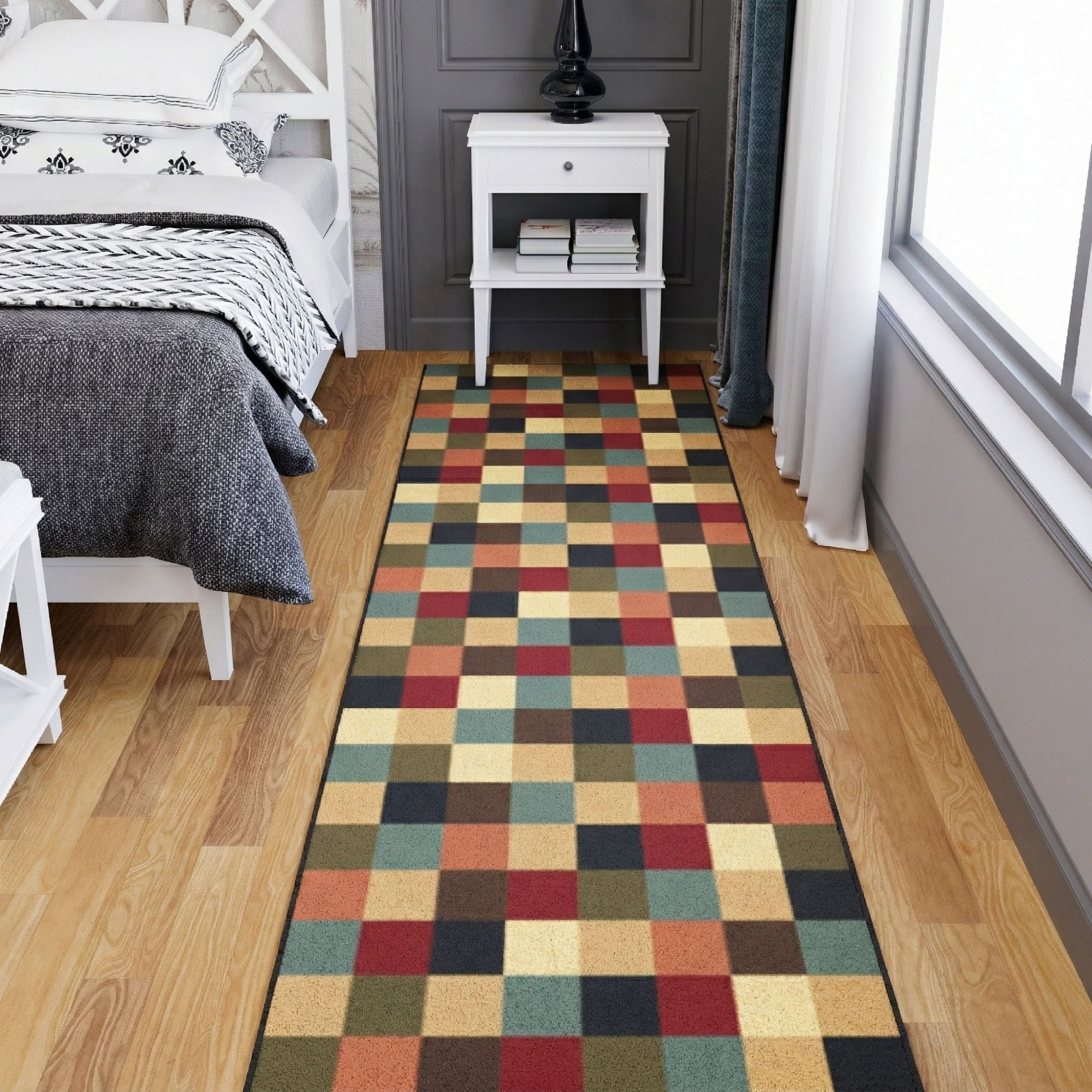 Ottomanson Extra Long Runner Rug 2'7" x 15' – Non-Slip Low Pile Hallway Carpet, Checkered Multicolor