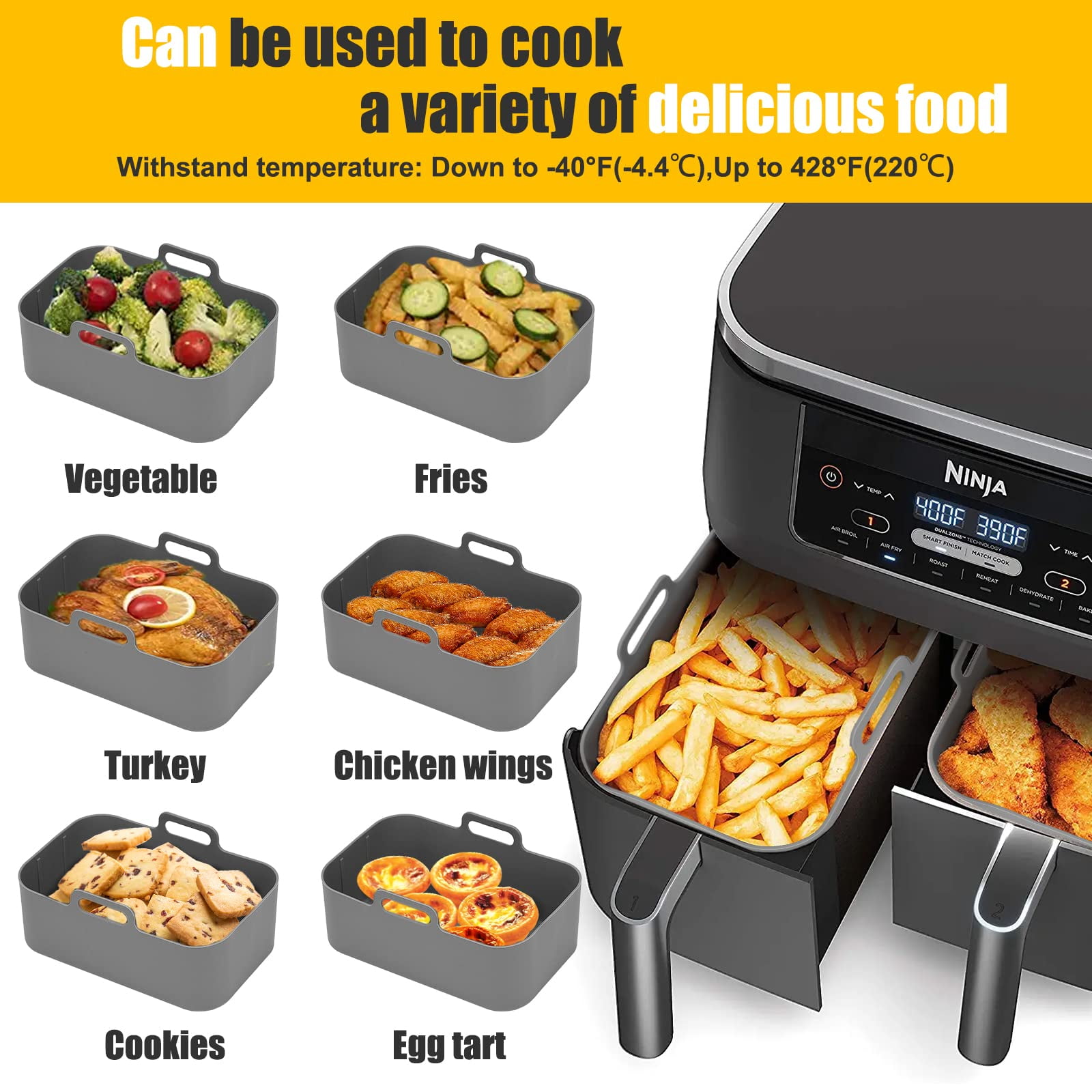 Cee & Dee Reusable Silicone Air Fryer Liners - 10.2x5.7in Rectangle Air  Fryer Liners. Power XL Dual Basket 10 qt Air Fryer Silicone Liners and 10