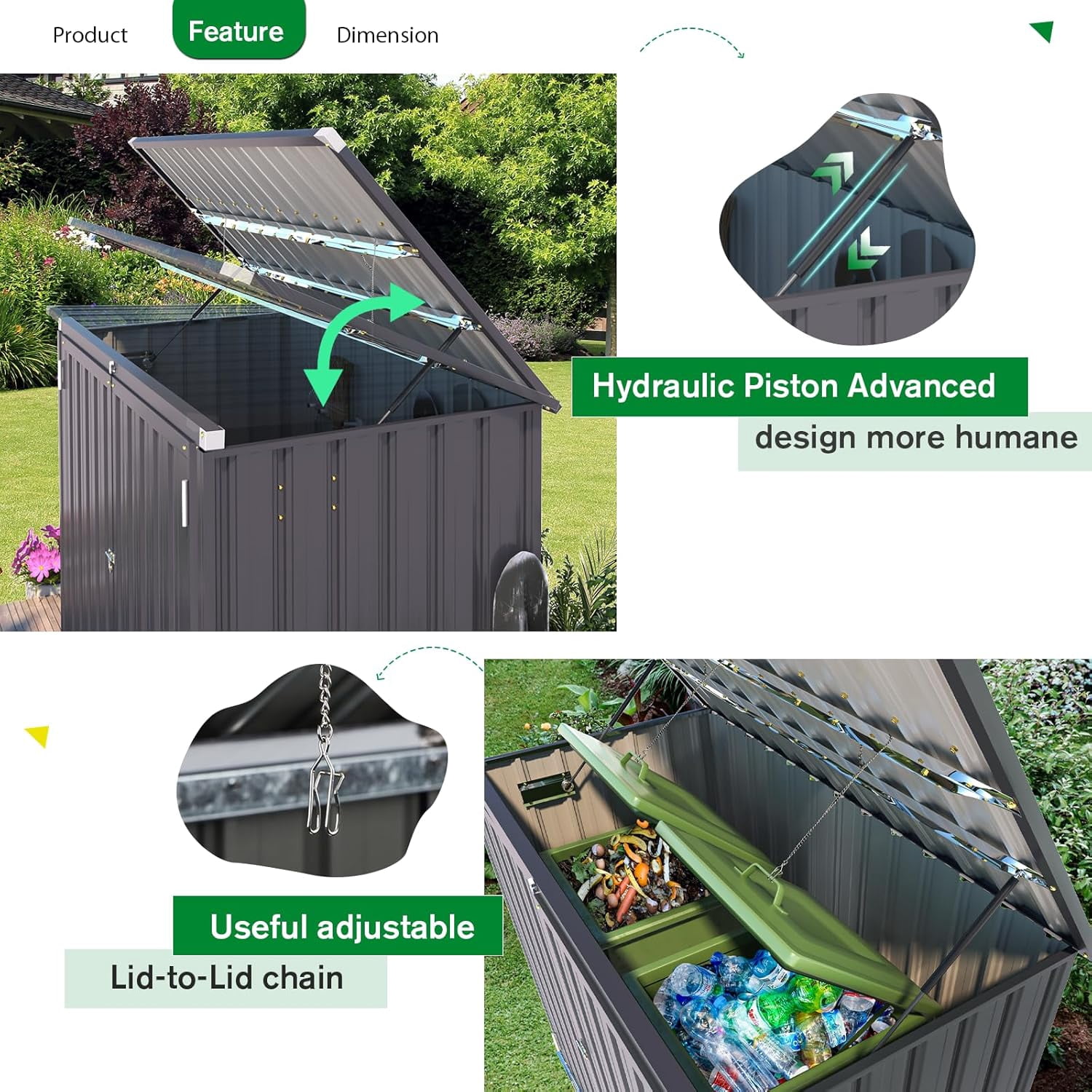 AECOJOY 46 Cu ft. Outdoor Trash Can Storage Shed Waterproof Horizontal Storage Cabinet in Dark Gray