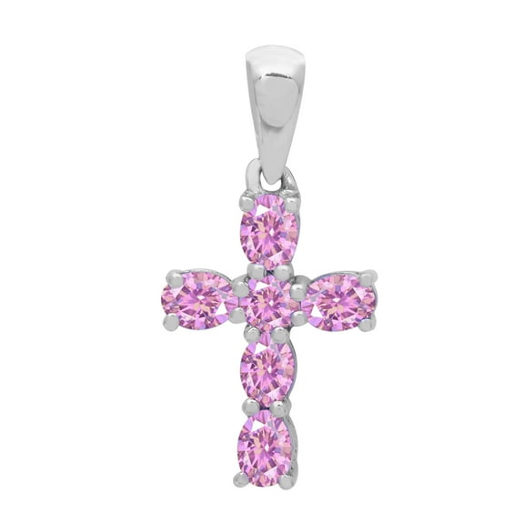 6X4mm Oval Pink Cz 925 Sterling Silver Women Religious Christian Cross Pendant Jewelry