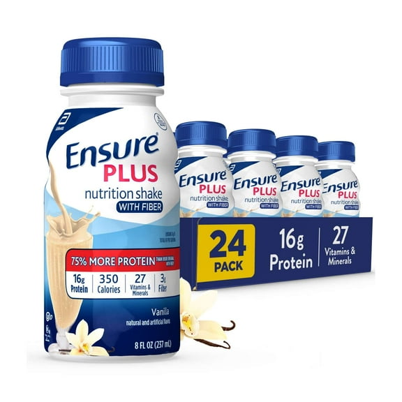 Ensure Plus Meal Replacement Nutrition Shake With Fiber, Vanilla, 16g Protein, 8 fl oz - 24 Pack