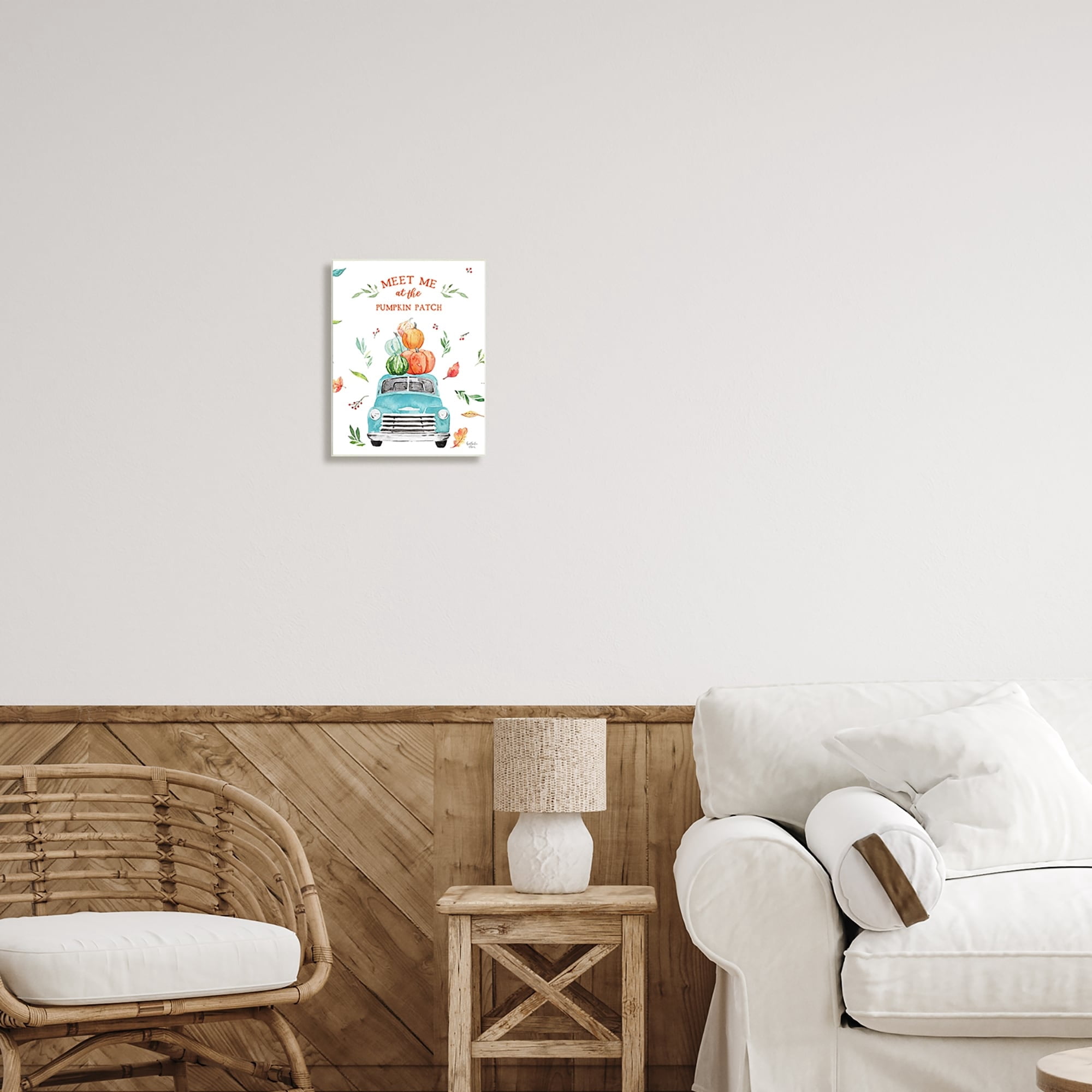 Stupell Industries Pumpkin Patch Seasonal Leaves Botanicals Blue Truck Graphic Art Unframed Art Print Wall Art, Design by Heatherlee Chan