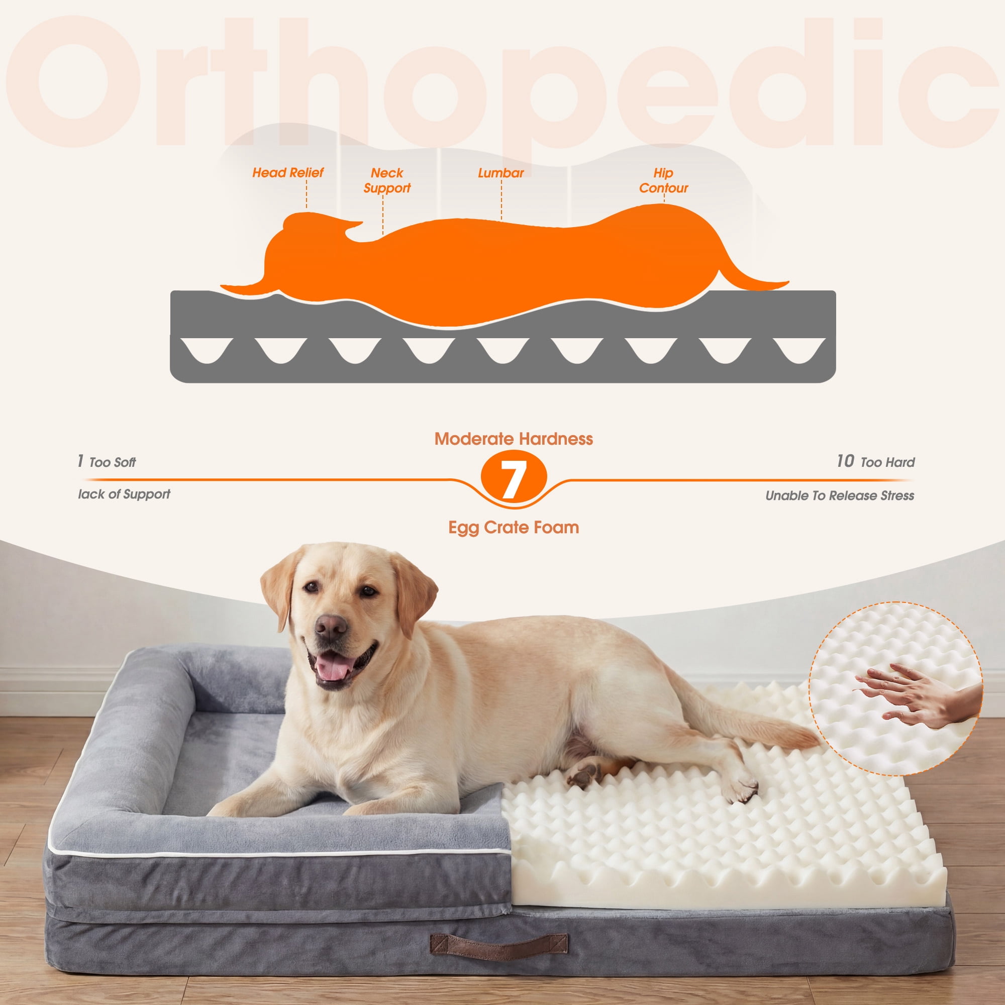 Extra Large Orthopedic Dog Bed Waterproof Pet Sofa Bed Four-Sided Bolster Cushion with Removable Washable Cover for Big Dogs Gray