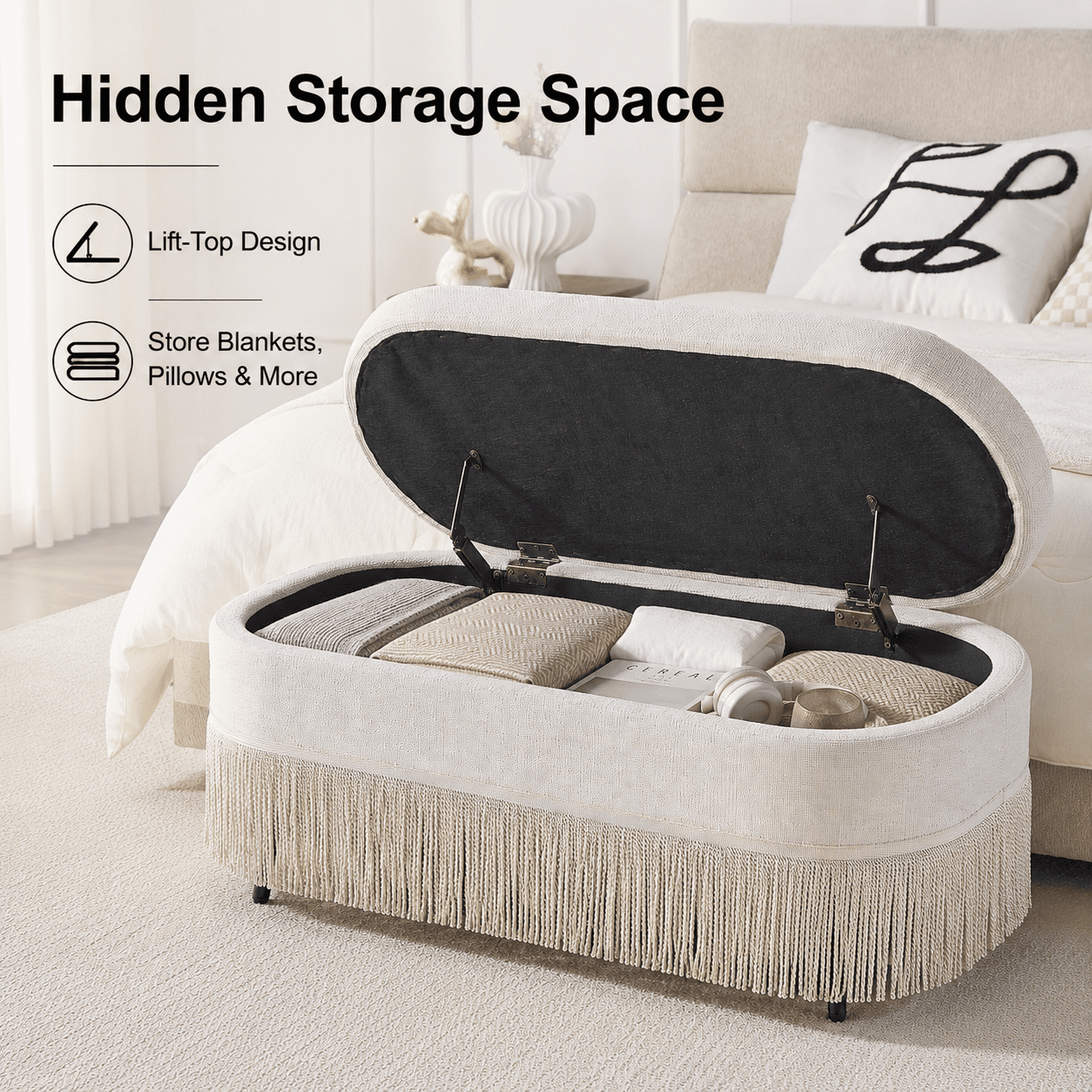 Aukfa Oval Storage Ottoman Bench with Tassel Trim, Upholstered End of Bed Bench with Hidden Storage, Metal Legs,Beige