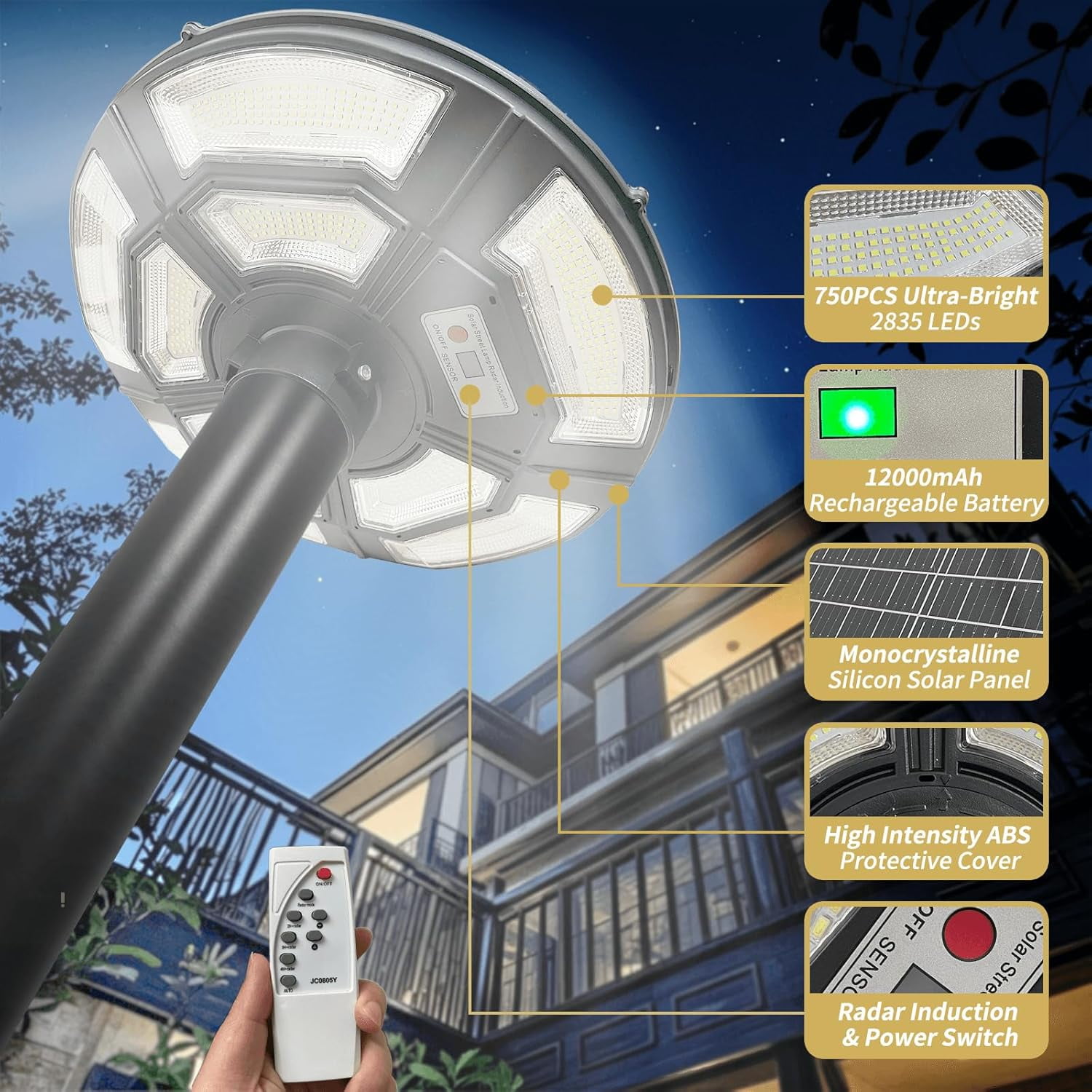 Outdoor Solar Lamp Post with 10' Galvanized Steel Light Pole, Motion Sensor, IP65 Waterproof, Dusk to Dawn, 750-LED Outdoor Solar Light with Remote for Yard, Parking Lot, Pathway, Patio
