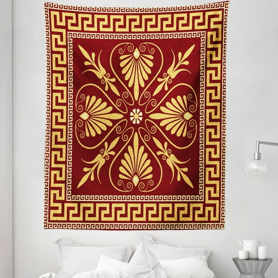Greek Key Tapestry, Old Fashioned Frame Design the Labyrinth and Curly Leaves Flowers, Fabric Wall Hanging Decor for Bedroom Living Room Dorm, 5 Sizes, Ruby Yellow, by Ambesonne
