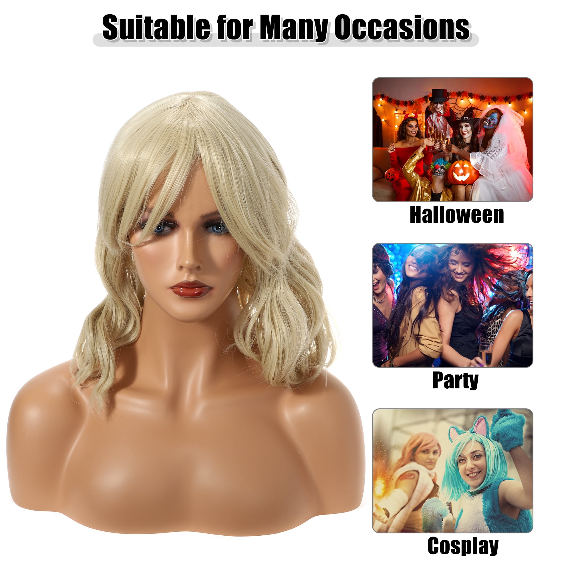 Unique Bargains Human Hair Wig for Women 14" Curly Wig with Wig Cap Light Gold Tone