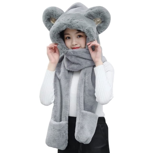 GRIS Juego 3 en 1 de bufanda con capucha para niños, guantes de felpa cálidos, manoplas, gorro de invierno para niña y niño, lindo patrón 3D para disfraces, fiestas, cumpleaños, regalo de Navidad