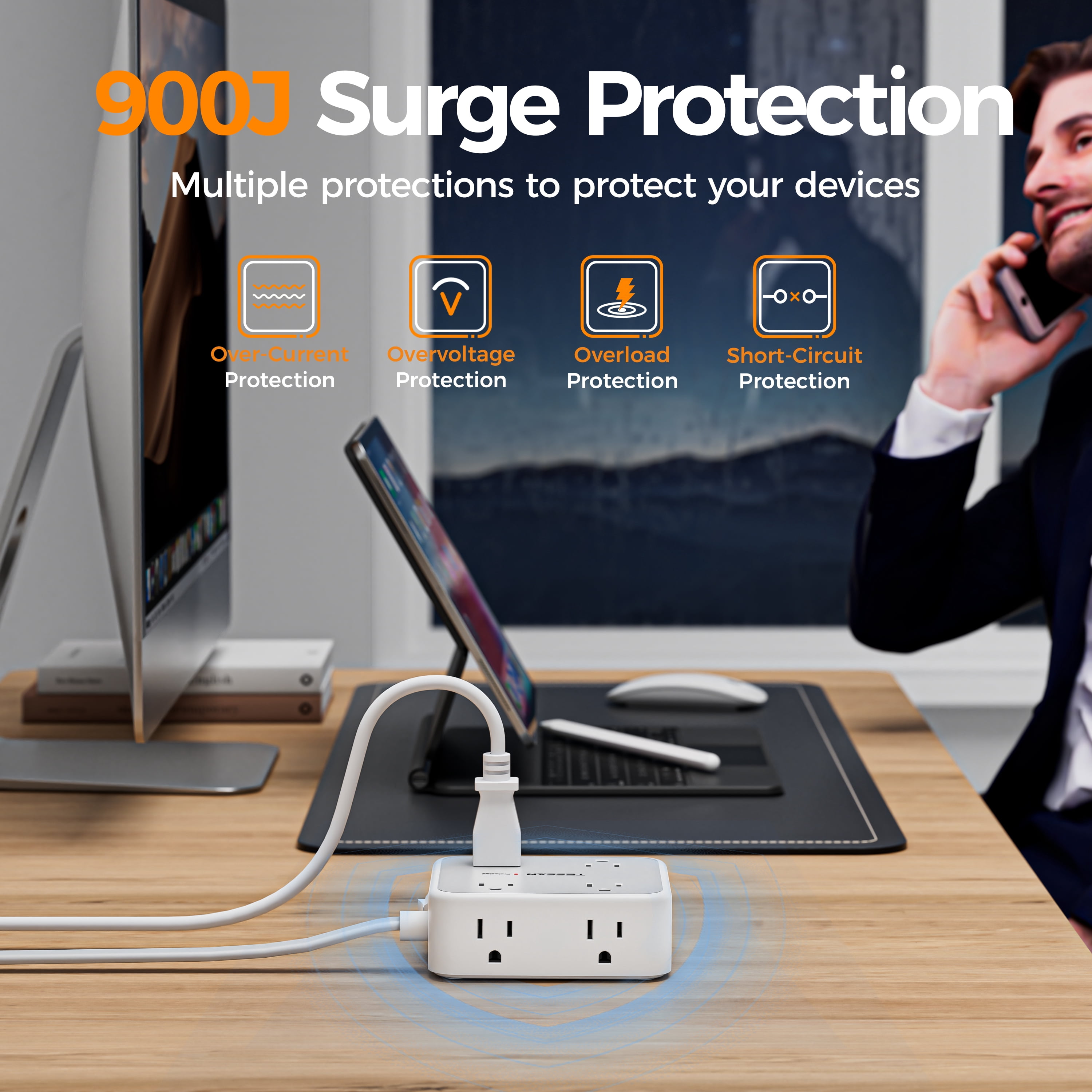 5ft Flat Plug Extension Cord, 8-Outlet Surge Protector Power Strip, 3 USB Ports (1 USB C), Wall Mountable, Gray
