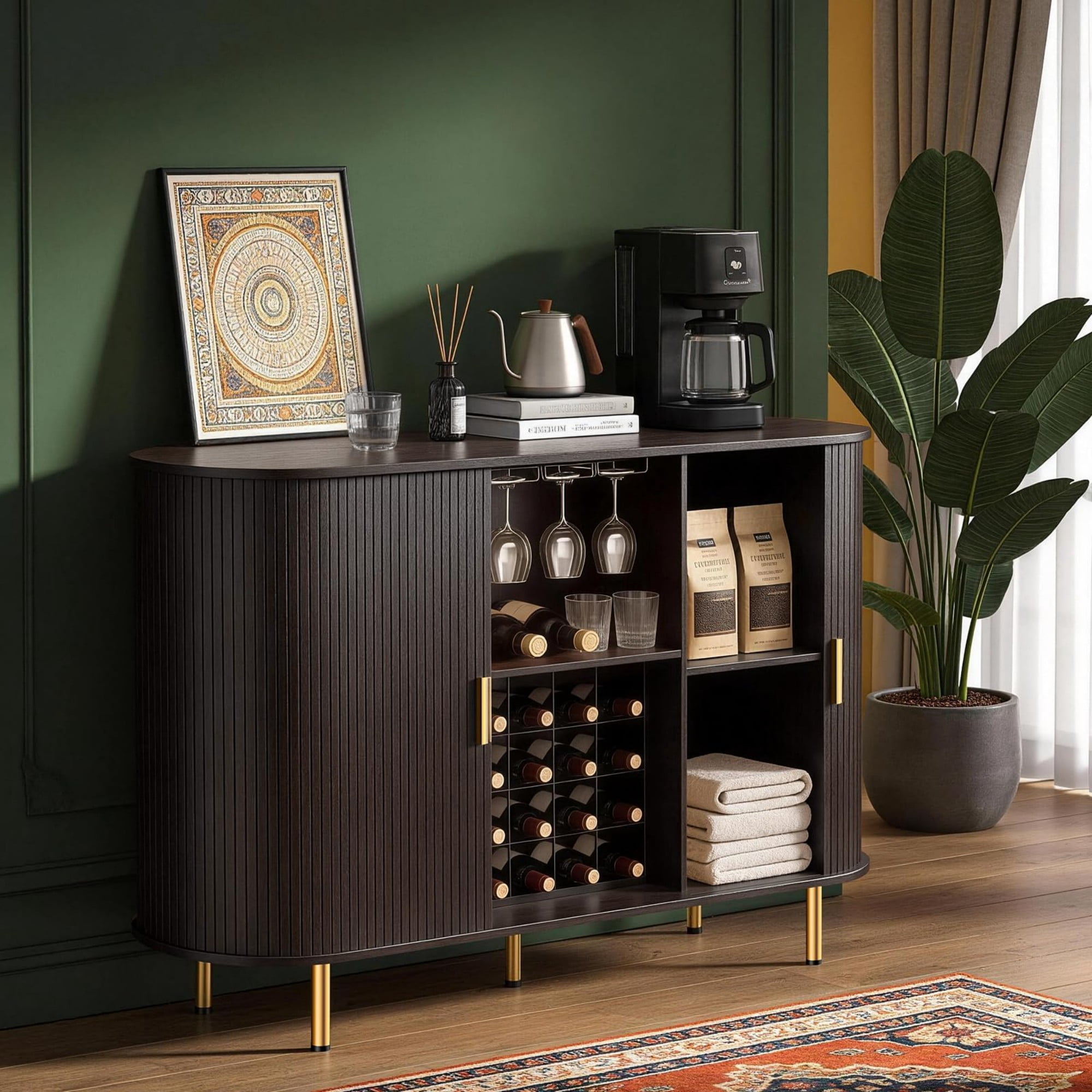 55" Wine Bar Cabinet with Storage, Fluted Coffee Bar Cabinet with Wine Rack & Glass Holder, LED Buffet Sideboard, Walnut