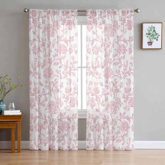 Pink Flower Sheer Curtains 63 Inches Length 2 Panels Set, Window Sheer Curtains for Living Room/Bedroom, Vintage Farmhouse Boho Leaf Spring Solid Light Filtering Rod Pocket Curtain 52'' x 63'' x 2