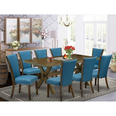 East West Furniture X777VE721-9 9Pc Dinette Sets for Small Spaces Consists of a Wood Dining Table and 8 Parsons Chairs with Blue Color Linen Fabric, Distressed Jacobean Finish