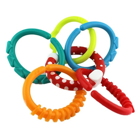 6Pcs Baby Teether Rings, Rainbow Circle Link Baby Toys, Soother Infant Teething Crib Bedding Stroller Hanging Montessori