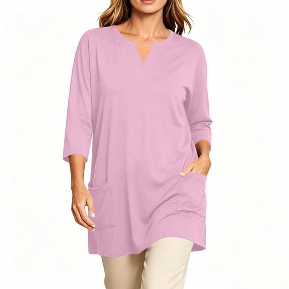 Ozmmyan Womens V Neck 3/4 Sleeve Tunic Top Casual Loose Fit Longline Blouse with Pockets Solid Color Lightweight Summer Tee