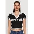 thumbnail image 2 of Womens Ribbed Knit Varsity Stripe New York Cropped Polo Top, 2 of 5