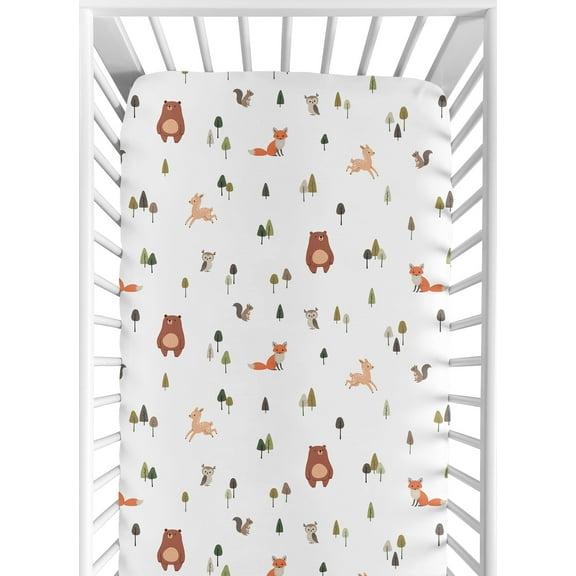 Sweet Jojo Designs Woodland Animal Pals Green Beige Brown Orange Fitted Crib Sheet