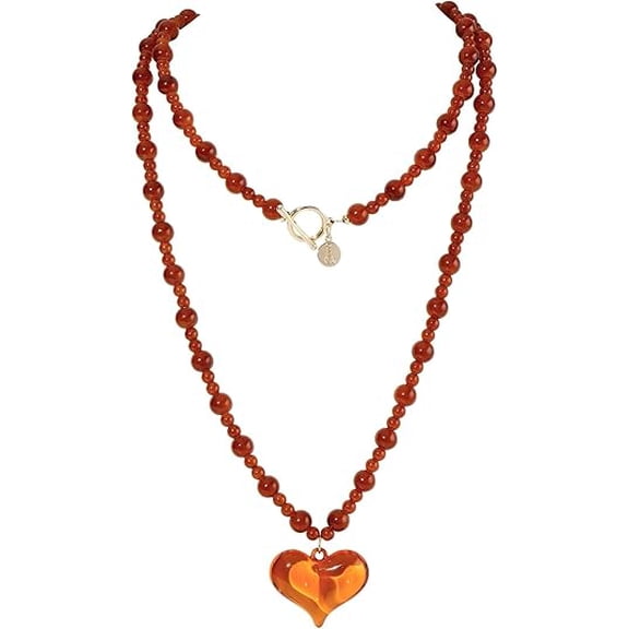 Coiris Chunky Amber Heart Necklace for Women Statement Beaded Pendant Boho Christmas Necklace Gifts for Women