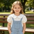 thumbnail image 5 of Kids Girls Peter Pan Collar Short Sleeve Tee Cute School Uniform shirt Solid Color Doll Collar Blouse Outfit, 5 of 6