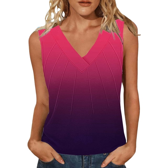 Mujeres sin mangas Tops de verano gradiente color fuera de posición impresión V-cuello blusa casual Mujeres V-cuello de verano Tops