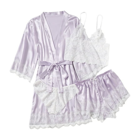 GZWYHT Silk Pajamas Clearance Robes for Women Women s Solid Color Placket Silk Night Lingerie Women s Tops And Shorts Casual Print Sleepwear Nightdress Bath Robe Women S Sleepwear  Purple XL