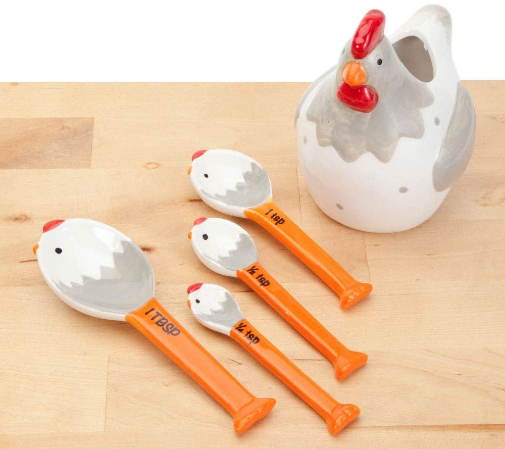 Adds Quirky Charm to Your Kitchen. Bits and Pieces Whimsical Ceramic Chicken Measuring Spoons and Practical Chicken Figurine with 4 Measuring Spoons 