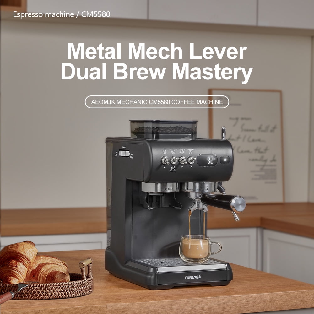AEOMJK espresso machine with built-in grinder, capable of making both cold and hot coffee, retro design with lever switch, 20BAR pressure for extraction, steam wand for frothing milk, 1.8L removable
