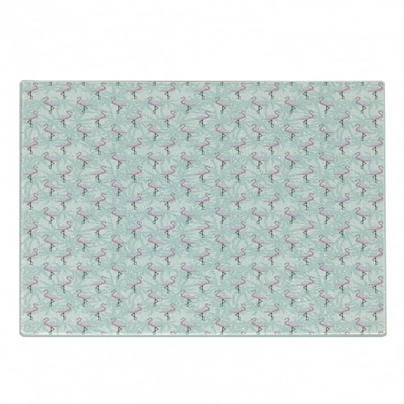 Flamingo Cutting Board, Pale Color Abstract Coconut Palm Tree Silhouettes Retro Pink Birds, Decorative Tempered Glass Cutting and Serving Board, Small Size, Mint Green Pale Pink, by Ambesonne