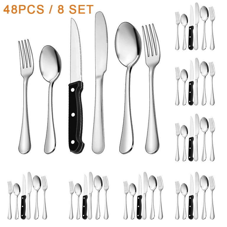 PERHOME 48 Piece Silverware Set with Tray, Durable Stainless Steel Flatware  Set for 8, Eating Utensils Sets Include Fork Knife Spoon Set for Kitchen