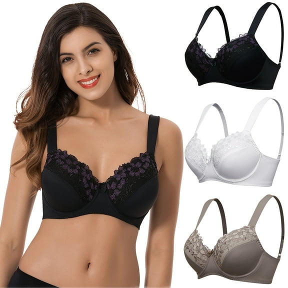 Curve Muse Plus Size Minimizer Underwire Unlined Bras with Embroidery Lace-3Pack-WHITE,Black,BUTTERMILK-34B
