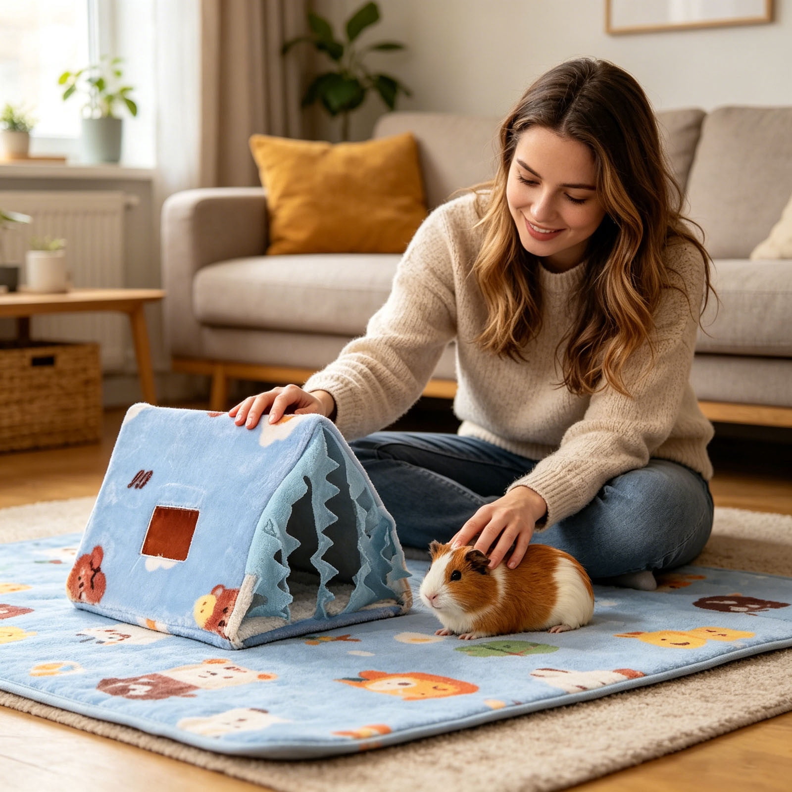 BVCL Pig Tunnel Bed With Curtain Flannel Hidden Washable Rabbit Hiding Place Bedroom Hamster Hedgehog Living Room
