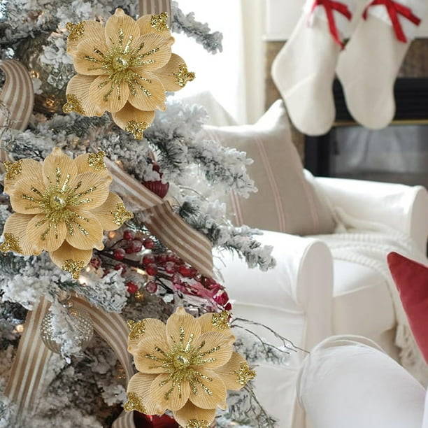 Grandes Flores Navideñas con Purpurina, Flores Artificiales para Decoración Navideña, Flores de Magnolia Simuladas con Purpurina Dorada para Decoración Navideña.