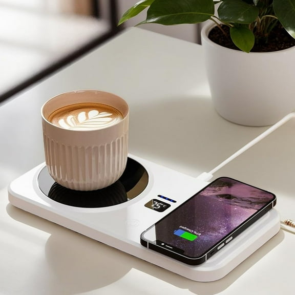 2-in-1 Mug Warmer & Wireless Phone Charger, 22.5W Smart Mug Warmer with 3 Temperature Settings, 4H Auto Shut-Off Fast Heating Beverage Accessory for Desk, Office, Bedside & Home