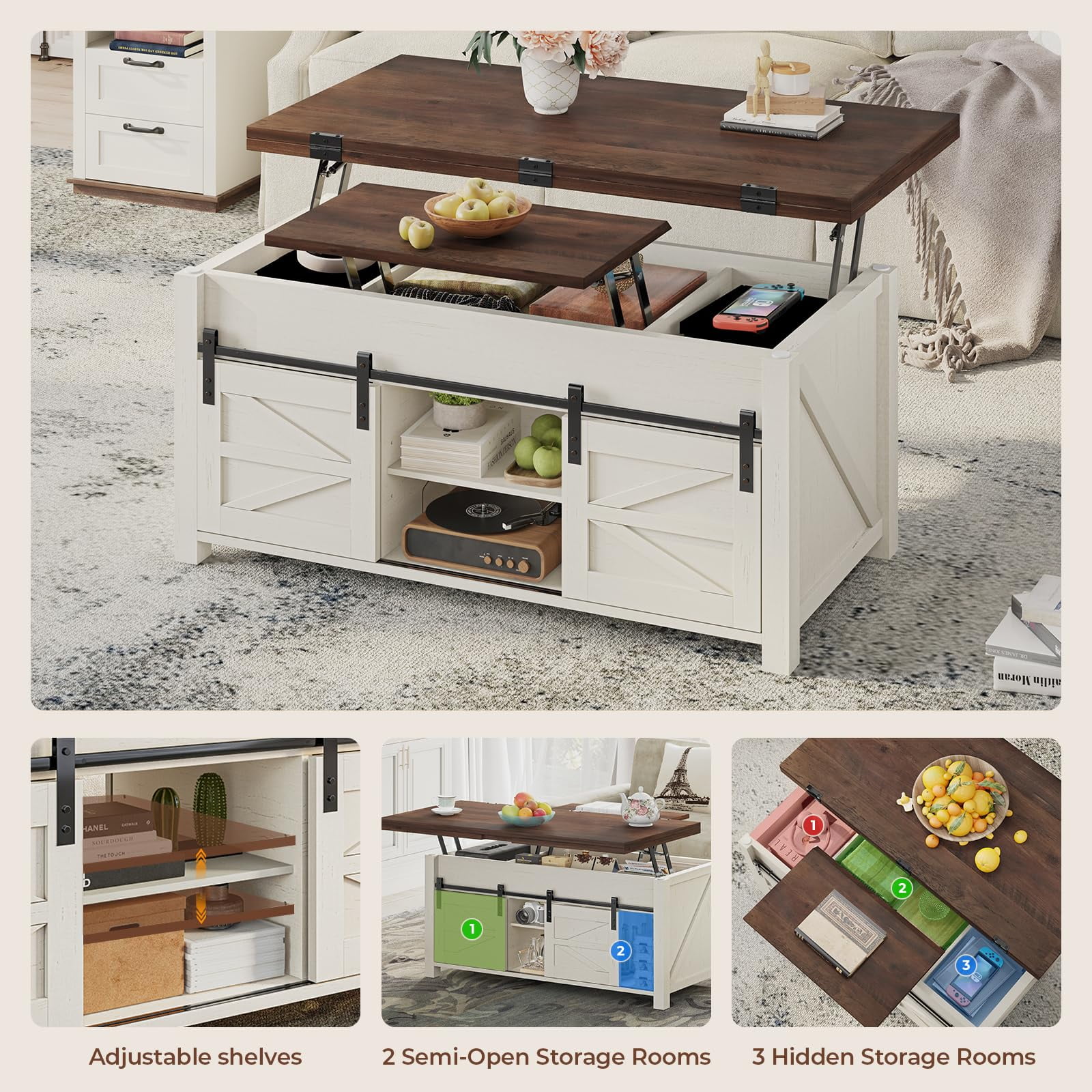 Lift Top Coffee Table with Hidden Storage Compartment, 4 in 1 Farmhouse Coffee Table with 4 Sliding Barn Doors, White