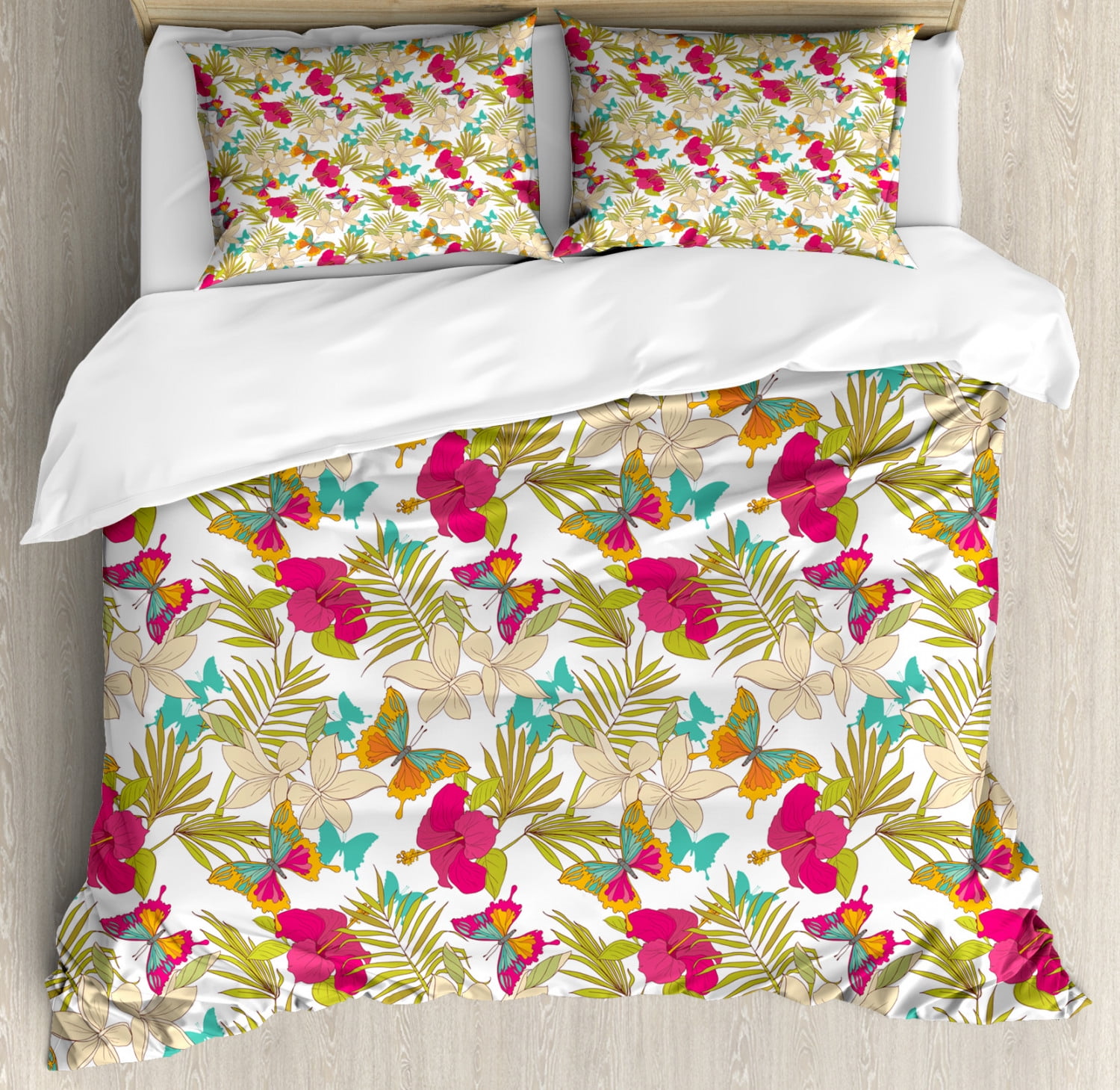 Hawaiian King Size Duvet Cover Set, Tropical Frangipani and Hibiscus