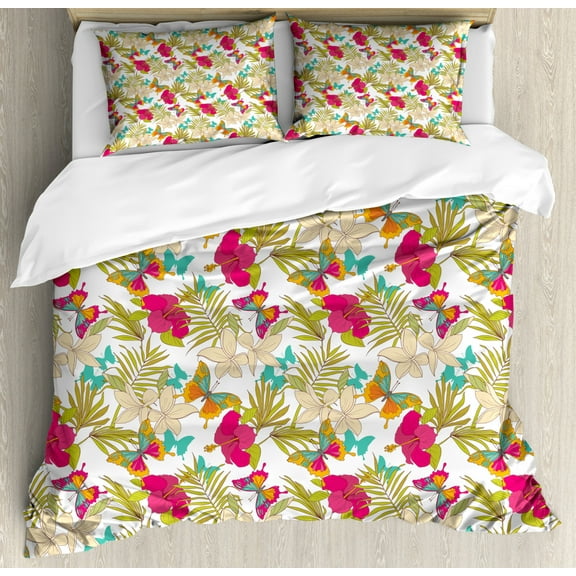 Hawaiian King Size Duvet Cover Set, Tropical Frangipani and Hibiscus Blossoms Exotic Butterflies with Palm Leaves, Decorative 3 Piece Bedding Set with 2 Pillow Shams, Multicolor, by Ambesonne
