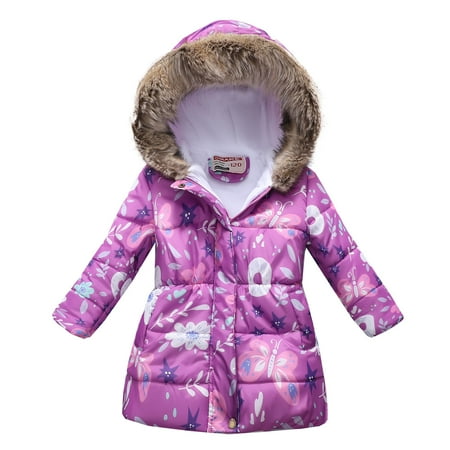 

PEZHADA Baby Winter Down Coat Toddler Cartoon Print Jacket Hoodies Tops For for Kids Winter Thick Warm Windproof Plush Collar Coat Outwear Purple （3-12 Years)
