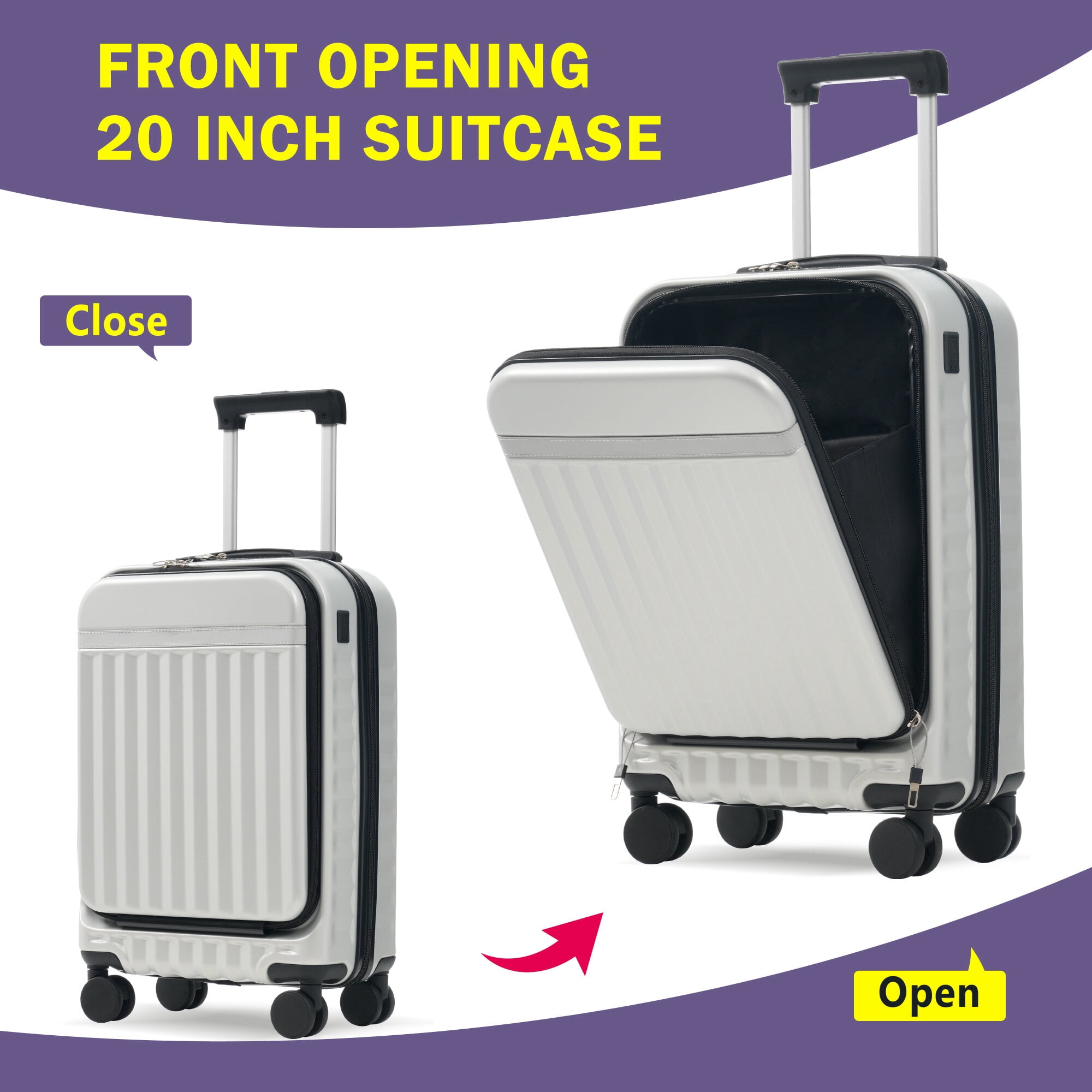 Hard Shell Luggage Front Opening Luggage Set 3 Piece, Hardside Carry on Suitcase with USB Port, Expandable Luggage with Handle Bag Spinner Wheels TSA Lock,Carry On Hard Shell Luggage